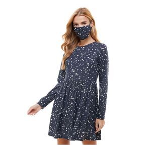 BEBOP Womens Navy With Facemask Long Sleeve Crew Neck Short Fit + Flare Dress L